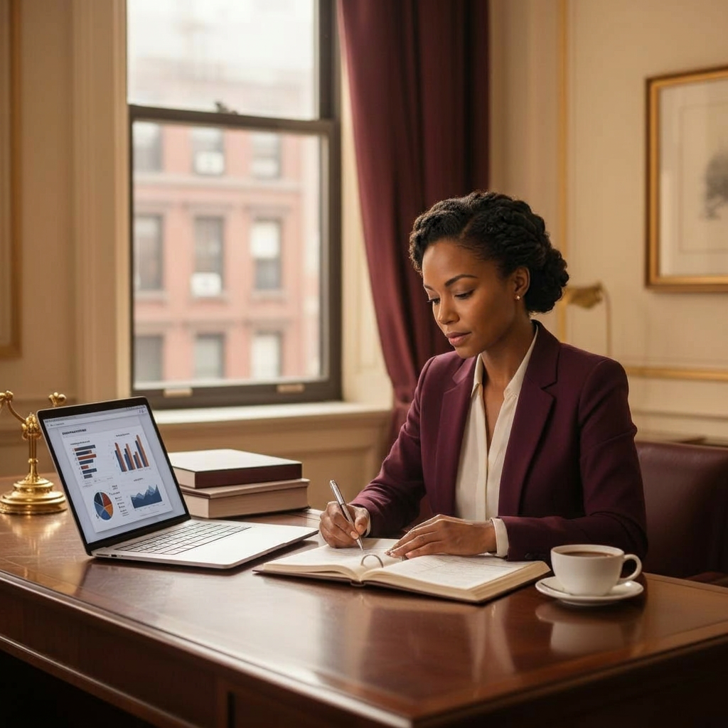 Professional bookkeeper reviewing financial reports at a sunlit NYC office desk