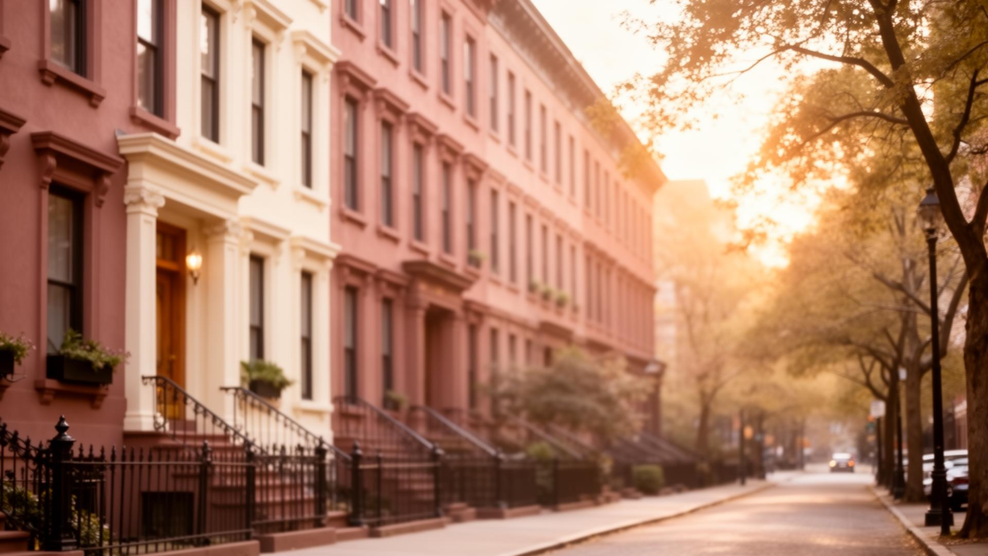 Soft golden-hour view of New York City brownstones on a tree-lined street